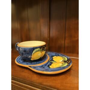 Sol’ Art Ceramiche Vietri Milk and Cookies Set Plate/Cup Hand Painted Italy